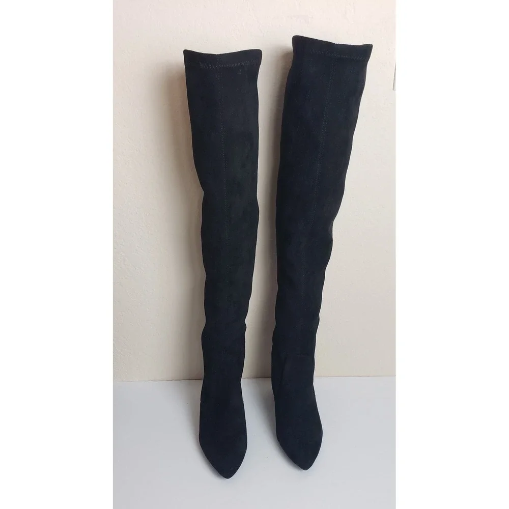 Black Faux Suede Over The Knee Stretch Boots Pointed Toe Block Heel 41 Goth Fall